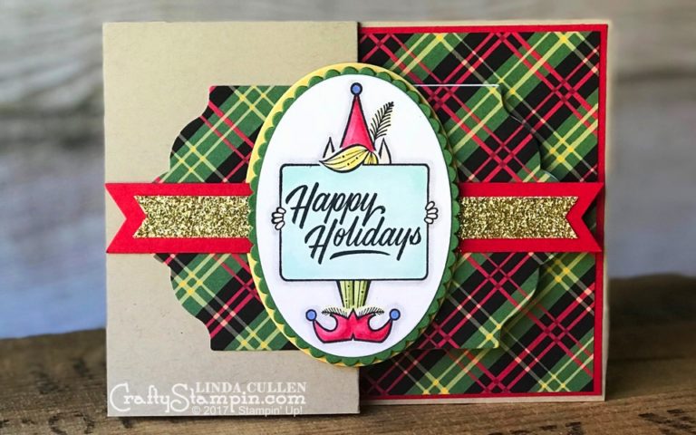 Coffee & Crafts Class: Festive Phrases Elf | Stampin Up Demonstrator Linda Cullen | Crafty Stampin’ | Purchase your Stampin’ Up Supplies | Festive Phrases Stamp Set | Christmas Around the World Designer Series Paper | Layering Ovals Framelits | Stampin Blends