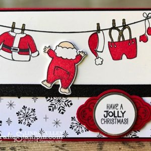 Coffee & Crafts Class: Santa's Suit | Stampin Up Demonstrator Linda Cullen | Crafty Stampin’ | Purchase your Stampin’ Up Supplies | Santa Suit Stamp Set | Label Me Pretty Stamp Set | Merry Little Christmas Designer Series Paper | Santa Builder Framelits | Basic Black Shimmer Ribbon