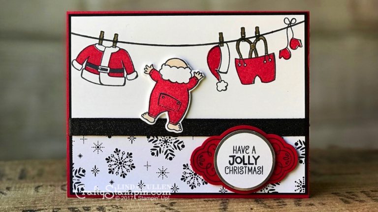 Coffee & Crafts Class: Santa's Suit | Stampin Up Demonstrator Linda Cullen | Crafty Stampin’ | Purchase your Stampin’ Up Supplies | Santa Suit Stamp Set | Label Me Pretty Stamp Set | Merry Little Christmas Designer Series Paper | Santa Builder Framelits | Basic Black Shimmer Ribbon