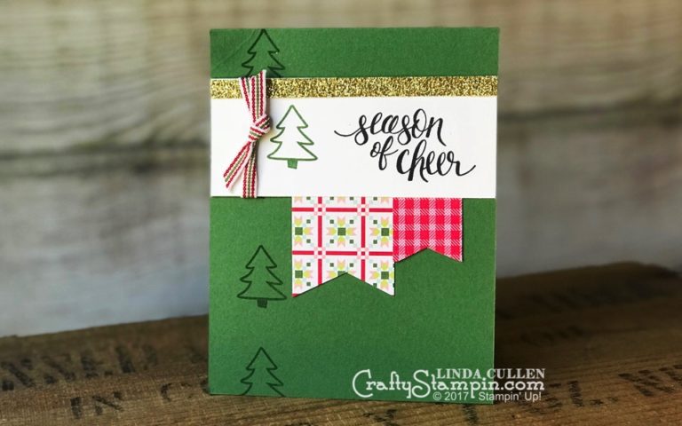 Watercolor Christmas Season of Cheer | Stampin Up Demonstrator Linda Cullen | Crafty Stampin’ | Purchase your Stampin’ Up Supplies | Watercolor Christmas Stamp Set | Quilted Christmas Designer Series Paper | Gold Glimmer Paper | Quilted Christmas 1/4 Ribbon