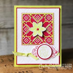 Coffee & Crafts Class: Christmas Quilt | Stampin Up Demonstrator Linda Cullen | Crafty Stampin’ | Purchase your Stampin’ Up Supplies | Christmas Quilt Stamp Set | Label Me Pretty Stamp Set | Quilt Builder Framelits Dies | Quilted Christmas 6x6 Designer Series Paper | Lemon Lime Twist 1/4” Ombre Ribbon | Quilt Top Textured Impressions Embossing Folder | Pretty Label Punch