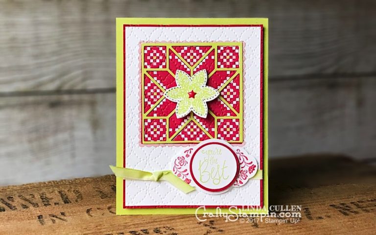 Coffee & Crafts Class: Christmas Quilt | Stampin Up Demonstrator Linda Cullen | Crafty Stampin’ | Purchase your Stampin’ Up Supplies | Christmas Quilt Stamp Set | Label Me Pretty Stamp Set | Quilt Builder Framelits Dies | Quilted Christmas 6x6 Designer Series Paper | Lemon Lime Twist 1/4” Ombre Ribbon | Quilt Top Textured Impressions Embossing Folder | Pretty Label Punch