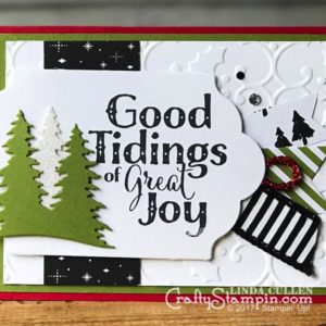 Good Tiding of Great Joy | Stampin Up Demonstrator Linda Cullen | Crafty Stampin’ | Purchase your Stampin’ Up Supplies | Good Tidings Stamp Set | Card Front Builder Dies | Lots of Labels Framelits Dies | Merry Little Christmas Designer Series Paper | Merry Music Specialty Designer Series Paper | Holly Textured Impressions Embossing Folder | 7/8 Striped Ribbon