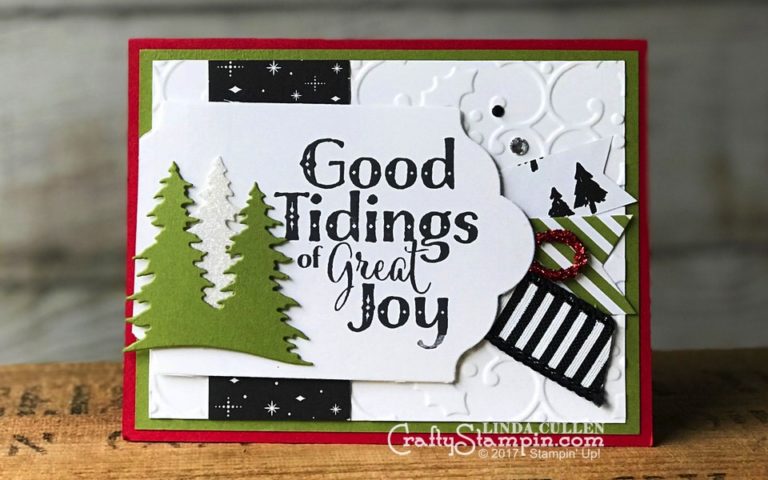 Good Tiding of Great Joy | Stampin Up Demonstrator Linda Cullen | Crafty Stampin’ | Purchase your Stampin’ Up Supplies | Good Tidings Stamp Set | Card Front Builder Dies | Lots of Labels Framelits Dies | Merry Little Christmas Designer Series Paper | Merry Music Specialty Designer Series Paper | Holly Textured Impressions Embossing Folder | 7/8 Striped Ribbon