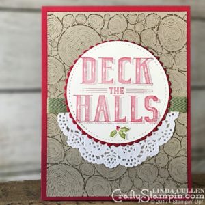 Carols of Christmas Tree Rings | Stampin Up Demonstrator Linda Cullen | Crafty Stampin’ | Purchase your Stampin’ Up Supplies | Carols of Christmas Stamp Set | Tree Rings Stamp Set | Stitched Shapes Framelits | Old Olive 3/8” Mini Chevron Ribbon