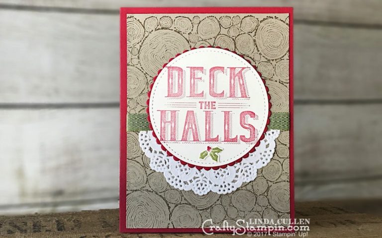 Carols of Christmas Tree Rings | Stampin Up Demonstrator Linda Cullen | Crafty Stampin’ | Purchase your Stampin’ Up Supplies | Carols of Christmas Stamp Set | Tree Rings Stamp Set | Stitched Shapes Framelits | Old Olive 3/8” Mini Chevron Ribbon