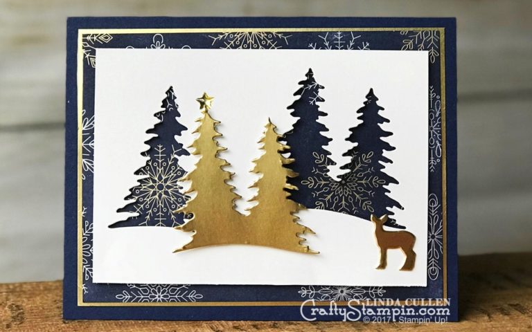 Coffee & Crafts Class: Card Front Builder | Stampin Up Demonstrator Linda Cullen | Crafty Stampin’ | Purchase your Stampin’ Up Supplies | Card Front Builder Thinlits Dies | Year of Cheer Specialty Designer Series Paper | Gold Foil Sheets | Metallic Enamel Shapes | Night of Navy Reinker