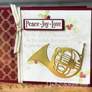 Musical Season Peace Joy Love | Stampin Up Demonstrator Linda Cullen | Crafty Stampin’ | Purchase your Stampin’ Up Supplies | Musical Season Stamp Set | Musical Instruments Framelits | Fabulous Foil Designer Acetate