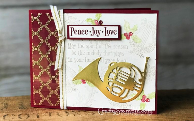 Musical Season Peace Joy Love | Stampin Up Demonstrator Linda Cullen | Crafty Stampin’ | Purchase your Stampin’ Up Supplies | Musical Season Stamp Set | Musical Instruments Framelits | Fabulous Foil Designer Acetate