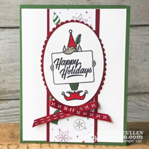 Festive Phrases Elf | Stampin Up Demonstrator Linda Cullen | Crafty Stampin’ | Purchase your Stampin’ Up Supplies | Festive Phrases Stamp Set | Layering Ovals Framelits | Cherry Cobbler 1/4” Double-stitched ribbon