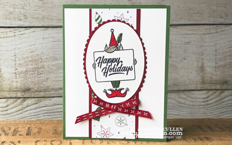 Festive Phrases Elf | Stampin Up Demonstrator Linda Cullen | Crafty Stampin’ | Purchase your Stampin’ Up Supplies | Festive Phrases Stamp Set | Layering Ovals Framelits | Cherry Cobbler 1/4” Double-stitched ribbon