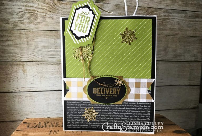Coffee & Crafts Class: Merry Little Gift Bag | Stampin Up Demonstrator Linda Cullen | Crafty Stampin’ | Purchase your Stampin’ Up Supplies | Merry Little Labels Stamp Set | Lots of Labels Framelits | Seasonal Layers Thinlits | Stitched Shapes Framelits | Merry Little Christmas DSP | Merry Music Spec. DSP | Year of Cheer Spec. DSP | Gold Foil