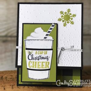 Merry Cafe Christmas Cheer | Stampin Up Demonstrator Linda Cullen | Crafty Stampin’ | Purchase your Stampin’ Up Supplies | Merry Cafe Stamp Set | Coffee Cafe Stamp Set | Coffee Cup Framelits | Softly Falling Embossing Folder | Silver Ribbon