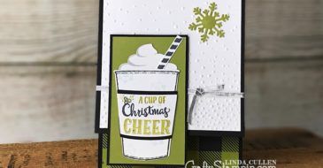 Merry Cafe Christmas Cheer | Stampin Up Demonstrator Linda Cullen | Crafty Stampin’ | Purchase your Stampin’ Up Supplies | Merry Cafe Stamp Set | Coffee Cafe Stamp Set | Coffee Cup Framelits | Softly Falling Embossing Folder | Silver Ribbon