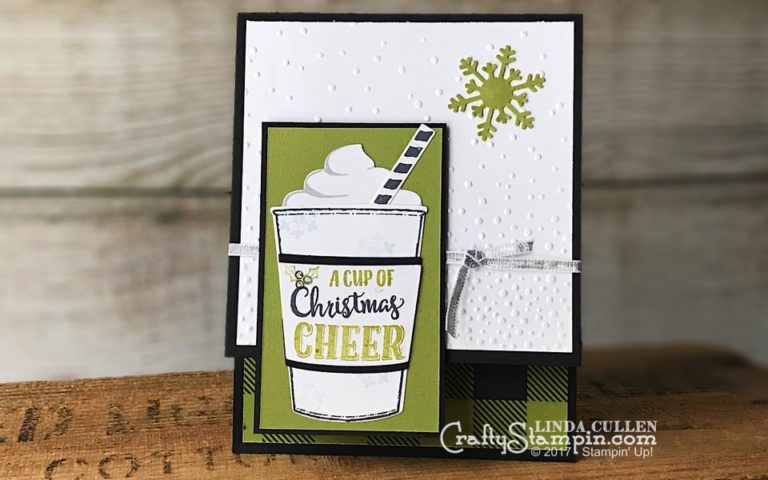 Merry Cafe Christmas Cheer | Stampin Up Demonstrator Linda Cullen | Crafty Stampin’ | Purchase your Stampin’ Up Supplies | Merry Cafe Stamp Set | Coffee Cafe Stamp Set | Coffee Cup Framelits | Softly Falling Embossing Folder | Silver Ribbon