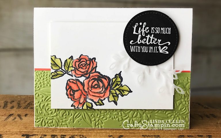 Petal Palette Life is Better | Stampin Up Demonstrator Linda Cullen | Crafty Stampin’ | Purchase your Stampin’ Up Supplies | Petal Palette Stamp Set | Petals & More Thinlits | Stitched Shapes Framelits | Petal Pair Embossing Folder | Wink of Stella