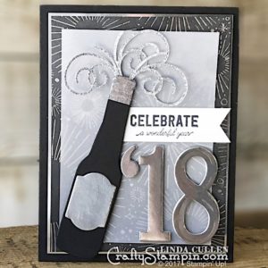 Stamp It Group 2018 New Year's Blog Hop | Stampin Up Demonstrator Linda Cullen | Crafty Stampin’ | Purchase your Stampin’ Up Supplies | Labels to Love Stamp Set | Year of Cheer Spec. Designer Series Paper | Silver Foil Sheets | Silver Glimmer Paper | Bottles & Bubbles Frameltis | Swirly Snowflakes Thinlits | Large Numbers Framelits