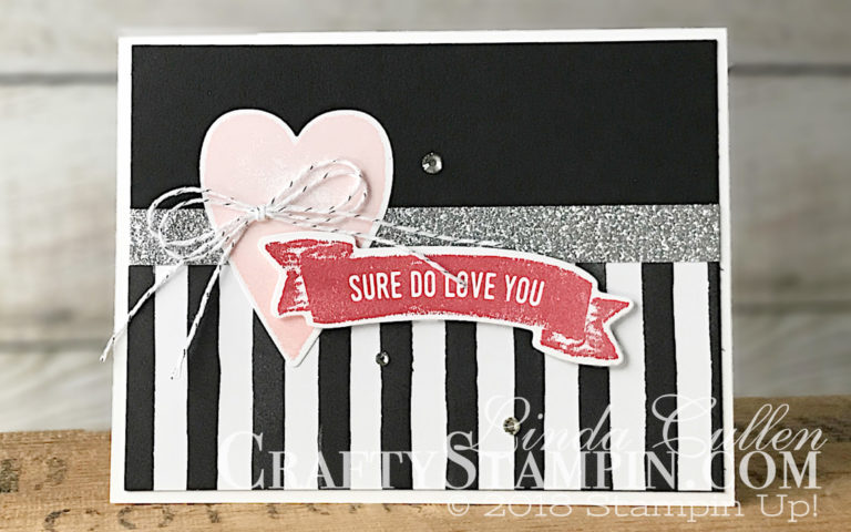 Sure Do Love You Valentines Black & White | Stampin Up Demonstrator Linda Cullen | Crafty Stampin’ | Purchase your Stampin’ Up Supplies | Sure Do Love You Stamp Set | Lots to Love Box Framelits | Petal Passion Designer Series Paper | Sliver Glimmer Paper | Sliver Baker’s Twine