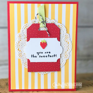 Tutti-Fruitti, The Sweetest | Stampin Up Demonstrator Linda Cullen | Crafty Stampin’ | Purchase your Stampin’ Up Supplies | Fruit Basket Stamp Set | Itty Bitty Fruit Punch Pack | Tutti-Frutti 6x6 Designer Series Paper | Lemon Lime Twist 3/8” Mini Striped Ribbon