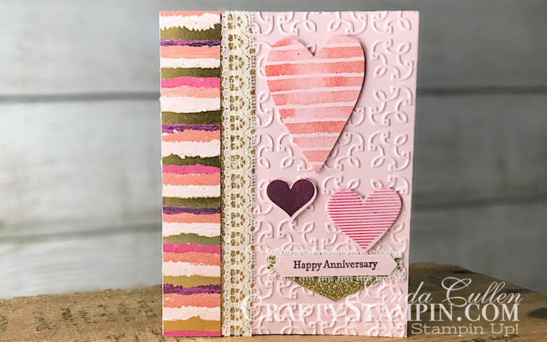 Sure Do Love You Happy Anniversary | Stampin Up Demonstrator Linda Cullen | Crafty Stampin’ | Purchase your Stampin’ Up Supplies | Heart Happiness Stamp Set | Teeny Tiny Wishes Stamp Sets | Painted withLove Specialty Designer Series Paper | Lots to Love Box Frameltis | Tailored Tag Punch