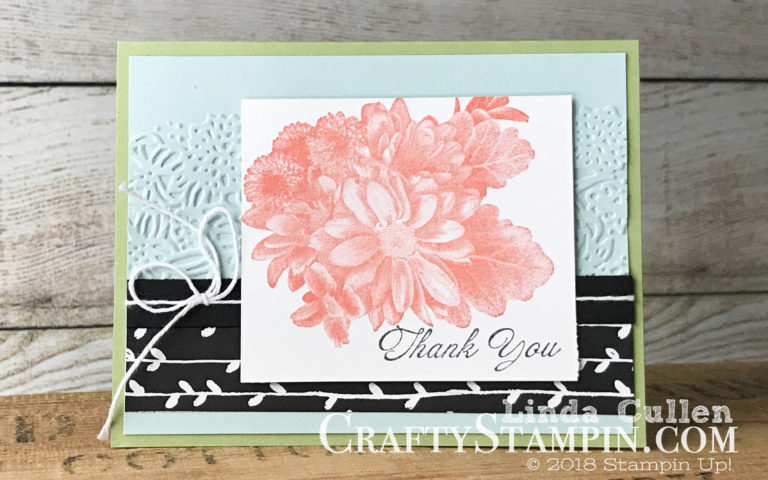 Heartfelt Blooms Thank You | Stampin Up Demonstrator Linda Cullen | Crafty Stampin’ | Purchase your Stampin’ Up Supplies | Heartfelt Blooms Stamp Set | Petal Pair Embossing Folder | Petal Passion Designer Series Paper | Whisper White Baker’s Twine