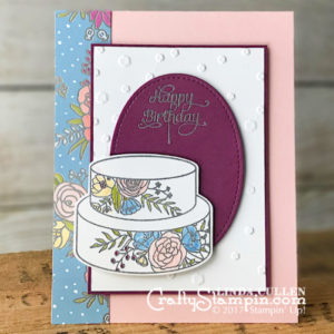 Coffee & Crafts Class: Sweet Soiree Birthday | Stampin Up Demonstrator Linda Cullen | Crafty Stampin’ | Purchase your Stampin’ Up Supplies | Cake Soiree Stamp Set | Sweet Cake Framelits | Sweet Soiree Specialty Designer Series Paper | Stitched Shapes Framelits | Scattered Sequins Embossing Folder