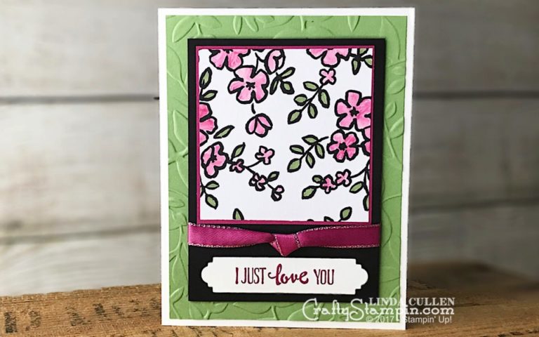 Petal Palette, I just love you | Stampin Up Demonstrator Linda Cullen | Crafty Stampin’ | Purchase your Stampin’ Up Supplies | Petal Palette Stamp Set | Petals & More Thinlits Dies | Layered Leaves Embossing Folder | Berry Burst 3/8” Metallic Edge Ribbon Ribbon