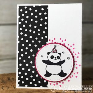 Party Pandas Confetti | Stampin Up Demonstrator Linda Cullen | Crafty Stampin’ | Purchase your Stampin’ Up Supplies | Party Pandas Stamp Set | Petal Passion Designer Series Paper | Stitched Shapes Framelits Dies | Layering Circle Framelits | Rhinestone Basic Jewels