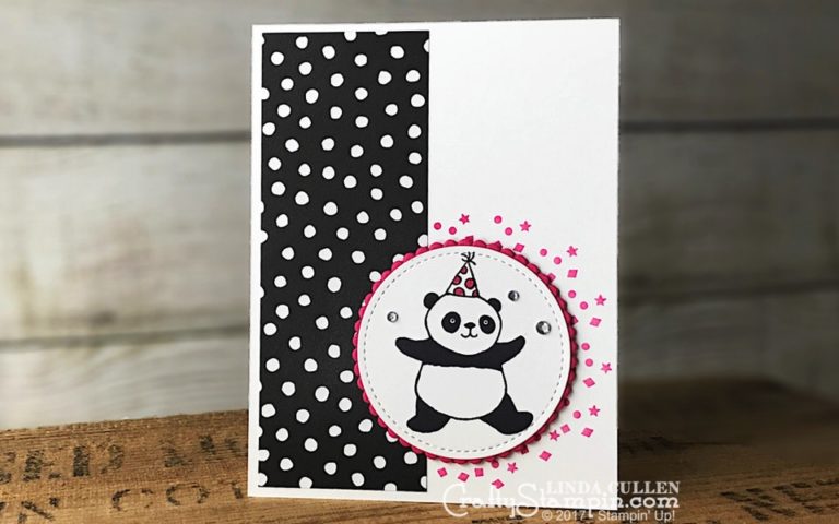 Party Pandas Confetti | Stampin Up Demonstrator Linda Cullen | Crafty Stampin’ | Purchase your Stampin’ Up Supplies | Party Pandas Stamp Set | Petal Passion Designer Series Paper | Stitched Shapes Framelits Dies | Layering Circle Framelits | Rhinestone Basic Jewels