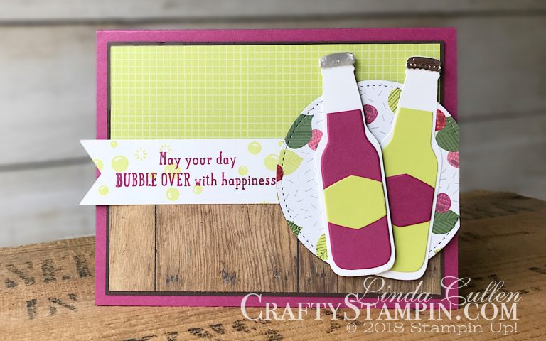 Bubble Over - Bonus Tutorial | Stampin Up Demonstrator Linda Cullen | Crafty Stampin’ | Purchase your Stampin’ Up Supplies | Bubble Over Stamp Set | Stitched Shapes Framelits Dies | Tutti-Frutti Designer Series Paper | Bottles & Bubbles Framelits Dies | Champagne Foil