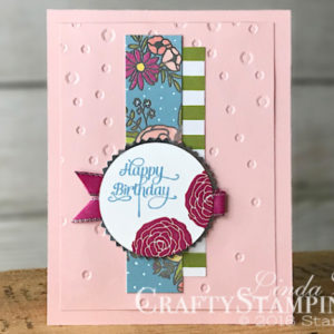 Cake Soiree Happy Birthday | Stampin Up Demonstrator Linda Cullen | Crafty Stampin’ | Purchase your Stampin’ Up Supplies | Cake Soiree Stamp Set | Sweet Soiree Specialty Designer Series Paper | Berry burst Metallic Edge Ribbon