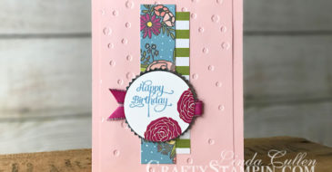 Cake Soiree Happy Birthday | Stampin Up Demonstrator Linda Cullen | Crafty Stampin’ | Purchase your Stampin’ Up Supplies | Cake Soiree Stamp Set | Sweet Soiree Specialty Designer Series Paper | Berry burst Metallic Edge Ribbon