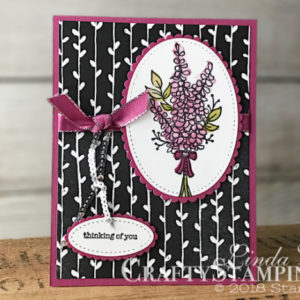 Lots of Lavender in Berry Burst | Stampin Up Demonstrator Linda Cullen | Crafty Stampin’ | Purchase your Stampin’ Up Supplies | Lots of Lavender Stamp Set | Petal Passion Designer Series Paper | Berry Burst Metallic Edge Ribbon