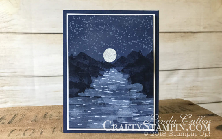 Waterfront Nighttime | Spring Sampler | Stampin Up Demonstrator Linda Cullen | Crafty Stampin’ | Purchase your Stampin’ Up Supplies | Waterfront Stamp Set | Whisper White Craft Ink | White Stampin’ Embossing Powder