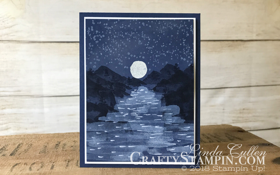 Waterfront Nighttime | Spring Sampler | Stampin Up Demonstrator Linda Cullen | Crafty Stampin’ | Purchase your Stampin’ Up Supplies | Waterfront Stamp Set | Whisper White Craft Ink | White Stampin’ Embossing Powder