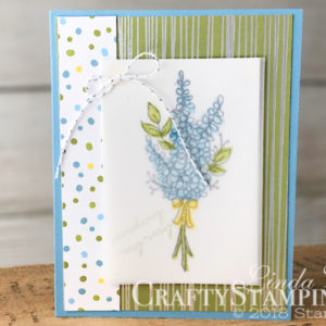 Lots of Lavender Marina Mist | Stampin Up Demonstrator Linda Cullen | Crafty Stampin’ | Purchase your Stampin’ Up Supplies | Lots of Lavender Stamp Set | Happy Wishes stamp set | | Sweet Soiree Specialty Designer Series Paper | Silver Baker’s Twine