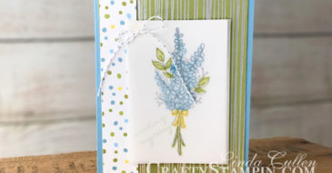 Lots of Lavender Marina Mist | Stampin Up Demonstrator Linda Cullen | Crafty Stampin’ | Purchase your Stampin’ Up Supplies | Lots of Lavender Stamp Set | Happy Wishes stamp set | | Sweet Soiree Specialty Designer Series Paper | Silver Baker’s Twine