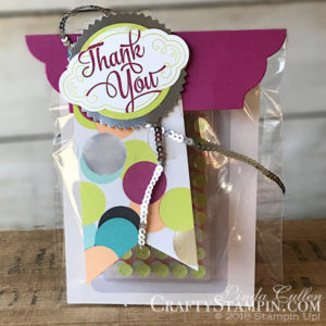 Thank You Package | Spring Sampler | Stampin Up Demonstrator Linda Cullen | Crafty Stampin’ | Purchase your Stampin’ Up Supplies | Label Me Pretty Stamp Set | One Big Meaning Stamp Set | Lots of Labels Thinlits | Picture Perfect Perfect Party Designer Series Paper | Starburst Punch
