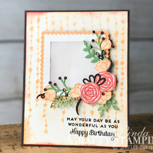 Cake Soiree Birthday Frame | Spring Sampler | Stampin Up Demonstrator Linda Cullen | Crafty Stampin’ | Purchase your Stampin’ Up Supplies | Cake Soiree Stamp Set | Sweet Cake Framelits | Sweet Soiree Decorative Mask | Layering Square Framelits