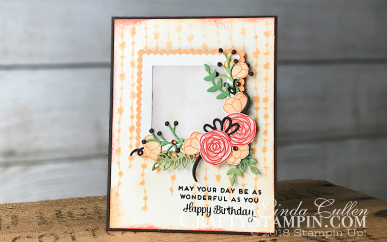 Cake Soiree Birthday Frame | Spring Sampler | Stampin Up Demonstrator Linda Cullen | Crafty Stampin’ | Purchase your Stampin’ Up Supplies | Cake Soiree Stamp Set | Sweet Cake Framelits | Sweet Soiree Decorative Mask | Layering Square Framelits