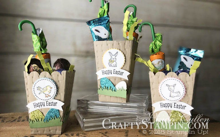 Stamp It Group 2018 Easter Blog Hop | Spring Sampler | Stampin Up Demonstrator Linda Cullen | Crafty Stampin’ | Purchase your Stampin’ Up Supplies | Sweet Little Something Stamp Set | A Good Day Stamp Set | Popcorn Box Framelits | Picnic Basket Builder Framelits | Basket Weave Dynamic Texture Impressions Embossing Folder | Duet Banner Punch