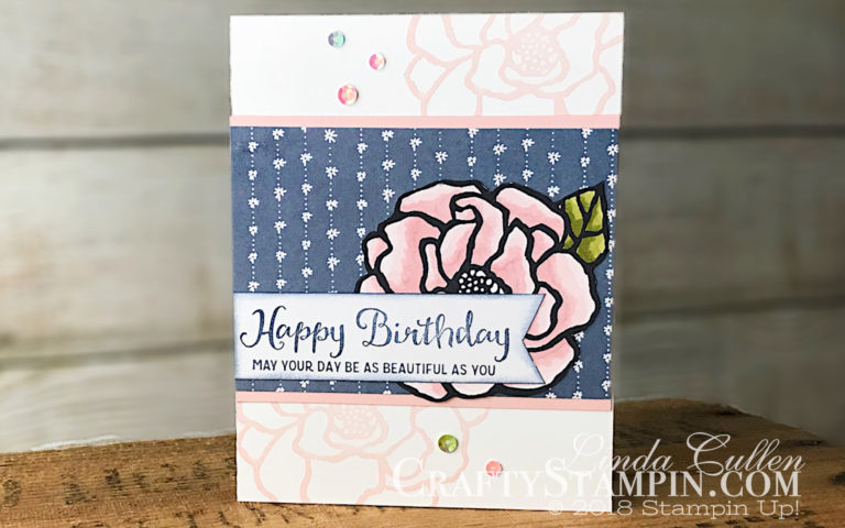 Beautiful Day Happy Birthday | Stampin Up Demonstrator Linda Cullen | Crafty Stampin’ | Purchase your Stampin’ Up Supplies | Beautiful Day Stamp Set | Delightful Daisy Designer Series Paper | Stampin Blends | Iridescent Sequin Assortment