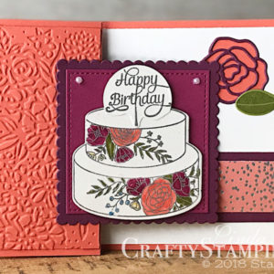 Cake Soiree Z-fold | Stampin Up Demonstrator Linda Cullen | Crafty Stampin’ | Purchase your Stampin’ Up Supplies | Cake Soiree Stamp Set | Picture Perfect Birthday Stamp Set | Sweet Soiree Specialty Designer Series Paper | Sweet Cake Framelits Dies | Layering Squares Framelits Dies | Petal Pair Impressions Embossing Folder