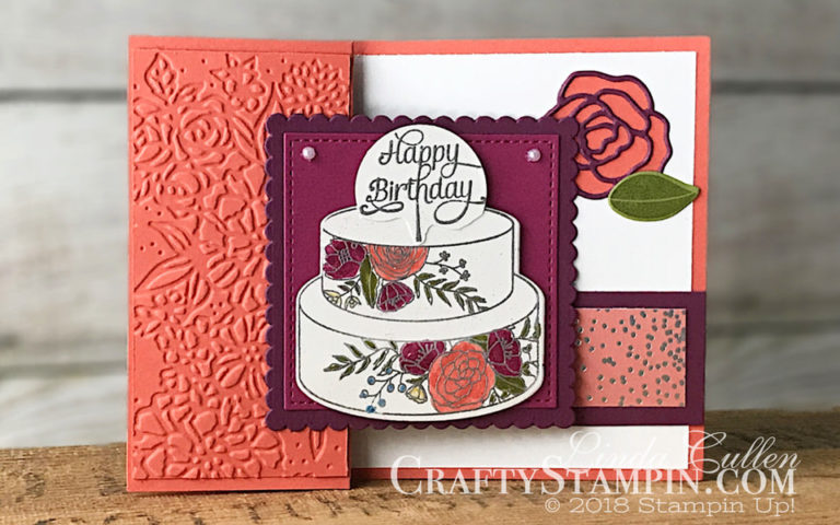 Cake Soiree Z-fold | Stampin Up Demonstrator Linda Cullen | Crafty Stampin’ | Purchase your Stampin’ Up Supplies | Cake Soiree Stamp Set | Picture Perfect Birthday Stamp Set | Sweet Soiree Specialty Designer Series Paper | Sweet Cake Framelits Dies | Layering Squares Framelits Dies | Petal Pair Impressions Embossing Folder