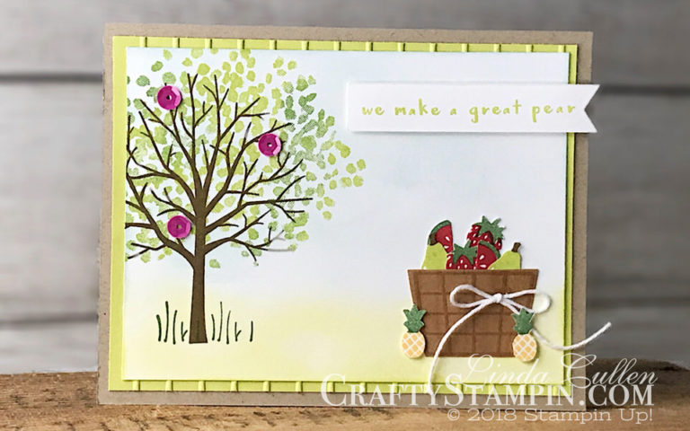 Fruit Basket with Sheltering Tree | Stampin Up Demonstrator Linda Cullen | Crafty Stampin’ | Purchase your Stampin’ Up Supplies | Fruit Basket Stamp Set | Sheltering Tree Stamp Set | Wood Textures Designer Series Paper | Itty Bitty Fruit Punch Pack | Simple Stripes Textured Impression Embossing Folder