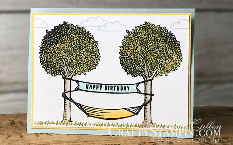 In The Trees Fun Fold | Stampin Up Demonstrator Linda Cullen | Crafty Stampin’ | Purchase your Stampin’ Up Supplies | In The Trees Stamp Set | Confetti Celebration Stamp Set | Stitched Shapes Framelits Dies | Brights Enamel Shapes | Stampin Blends markers