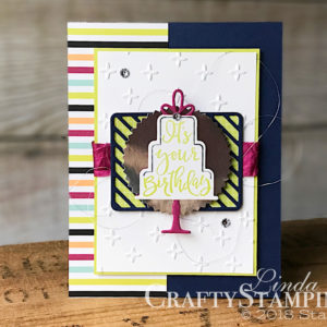 Coffee & Crafts Class: Celebration Time | Stampin Up Demonstrator Linda Cullen | Crafty Stampin’ | Purchase your Stampin’ Up Supplies | Celebration Time Stamp Set | Picture Perfect Party Designer Series Paper | Tutti-Frutti Designer Series Paper | Celebration Thinlits Dies | Sparkle Textured Impression Folder | Starburst Punch