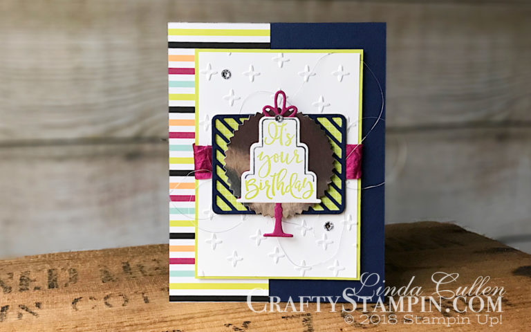 Coffee & Crafts Class: Celebration Time | Stampin Up Demonstrator Linda Cullen | Crafty Stampin’ | Purchase your Stampin’ Up Supplies | Celebration Time Stamp Set | Picture Perfect Party Designer Series Paper | Tutti-Frutti Designer Series Paper | Celebration Thinlits Dies | Sparkle Textured Impression Folder | Starburst Punch