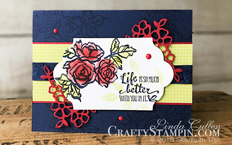 Coffee & Crafts Class: Tutti Frutti Petal Palette | Stampin Up Demonstrator Linda Cullen | Crafty Stampin’ | Purchase your Stampin’ Up Supplies | Petal Palette Stamp Set | Tutti Frutti Designer Series Paper | Lots of Labels Framelits Dies | Brights Enamel Shapes
