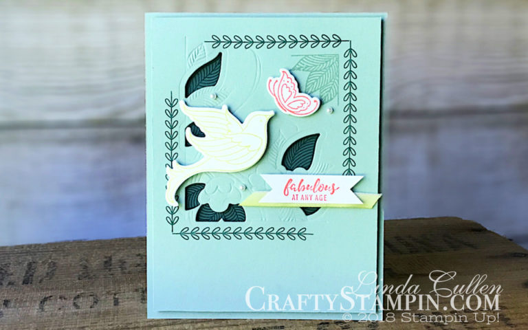 Coffee & Crafts Class: Serene Garden New Catalog CASE | Stampin Up Demonstrator Linda Cullen | Crafty Stampin’ | Purchase your Stampin’ Up Supplies | Serene Garden Stamp Set | Itty Bitty Greetings Stamp Set | Garden Scene Framelits Dies | Big Shot Embossing Mats | Lemon Lime Twist 1/4 Ombre Ribbon